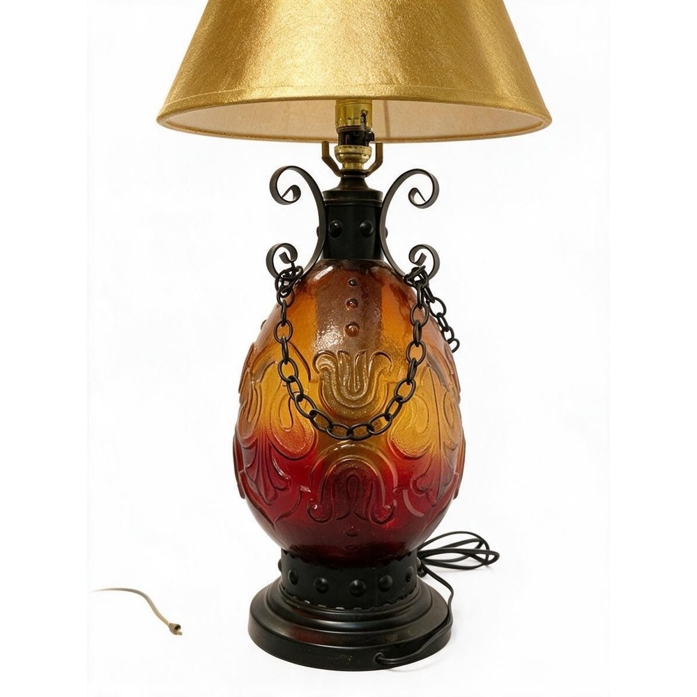 Vintage MCM Amber Red Ombre Glass Table Lamp Gothic Mediterranean Wrought Iron